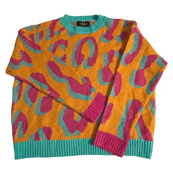 Cider Orange Pink Leopard Print Knit‎ Sweater Animal Print Colorful Neon Jumper - Picture 3 of 13
